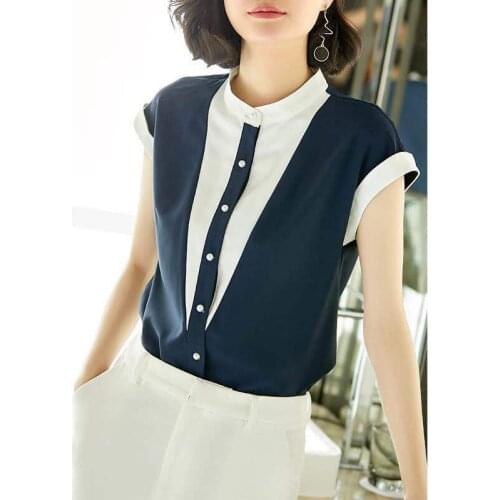 Womens Spring Summer Style Chiffon Blouses Shirt Womens Button O-neck Short Sleeve Patchwork Short Sleeve Korean Tops SP138