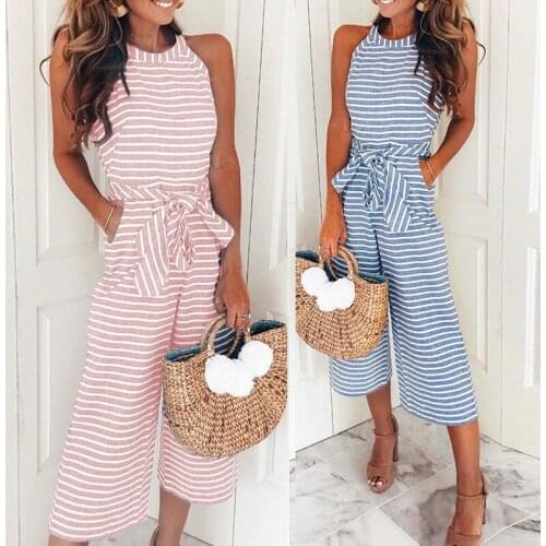Womens Loose Jumpsuit Plus Size Striped Wide Leg Jumpsuits Women Summer Sleeveless O-Neck Pockets Rompers Bowknot Pants