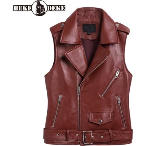 Slim Lapel Genuine Leather Vest Women Motorcycle Sheepskin Sleeveless Jacket Brand Street Zipper Office Lady Short Waistcoat