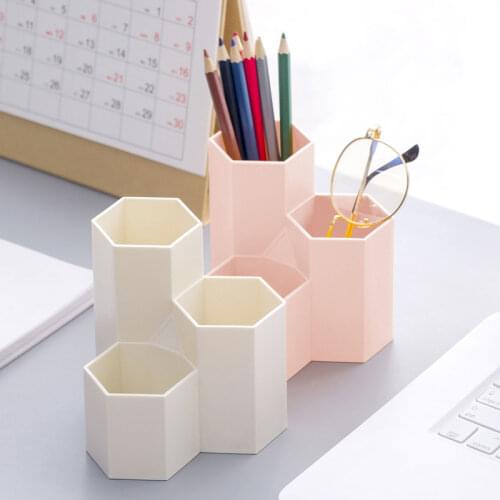 1pcs 3 grid hexagonal simple multifunctional pen holder small fresh student fashion creative desktop office makeup storage box