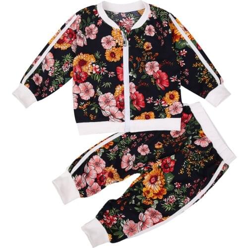 2020 2-7Y Autumn Toddler Baby Girl Clothing Floral Print Zipper Jacket Top+Long Pants Kids Casual Outfits Set 2pcs