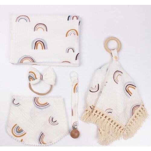 5Pcs Pack Baby Bib Set For Newborn Babies Cotton Pacifiter Clip Hairband Comforter Blanket With Tassel Belch Towel Kids Stuff