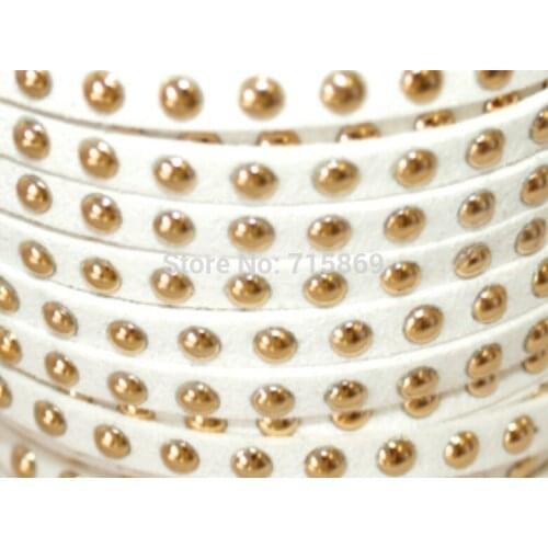 Free Ship New Arrive 100 Meters White 5 x1.5mm Microfiber Flat Faux Suede LeatherLace Cord w/ Gold Rivet Accents