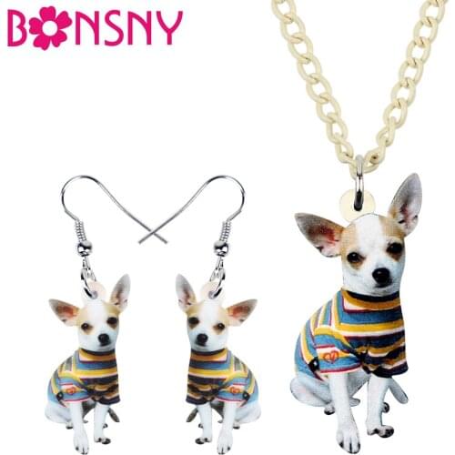 Bonsny Acrylic Jewelry Sets Anime Striped Chihuahua Puppy Dog Necklace Earrings Cartoon Pendant For Teens Fashion charm Gift