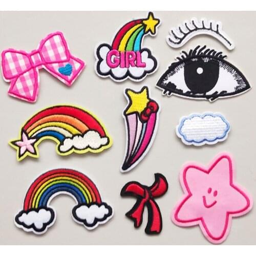 Eye Embroidery Patch Rainbow Iron On Patches Embroidered Patchs Badge Pink Bow Appliques For Clothing Stickers CX391-400
