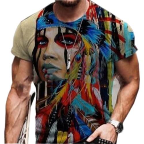 Mens Short Sleeve T-shirt Indian Head Tie-dye 3D Printed O-Neck Male Tshirt Fashion Casual Vintage Harajuku Streetwear Tee Top