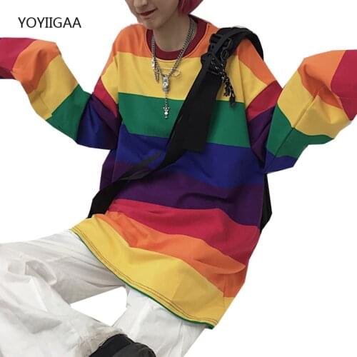 New Womens T-shirts Harajuku Oversized Female T Shirt Rainbow Striped Woman Tshirt Long Sleeve Casual Ladies Girls Tshirts Tops