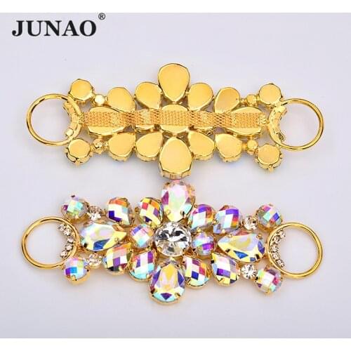 JUNAO 50x115mm Sew On Flower Crystal AB Rhinestone Chain Bikini Buckle Connectors Gold Claw Crystal Strass Clothes Applique