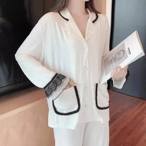 Lace Pajamas Suit Women Modal Flared Sleeve Sleepwear Lapel 2PCS Sleep Shirt Button-Down Nightwear Ruffle Lingerie Home Clothes