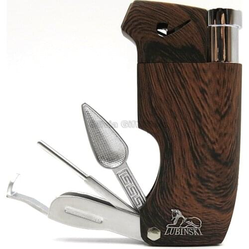 LUBINSKI Classic Wood Grain Cigar Cigarette Lighter Tobacco Tamper Pipe Refillable Multifunctional Lighter W/Punch Smoking Tool