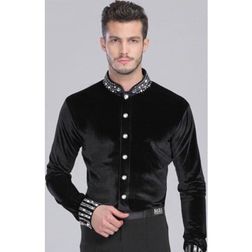 Men Ballroom Dance Shirt Black Spandex Latin Top Velvet Diamond Men Dance Shirt For Cha Cha/Rumba/Samba/Tango/Jazz/Waltz Wear