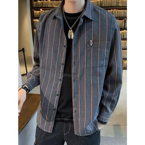 Autumn and winter new mens Korean trend long sleeve shirt striped shirt plaid handsome coat