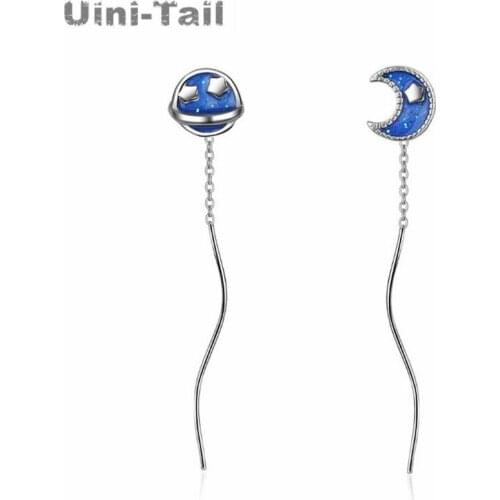 Uini-Tail hot new 925 sterling silver blue planet earrings long exquisite temperament star month drop glaze ear line GN421