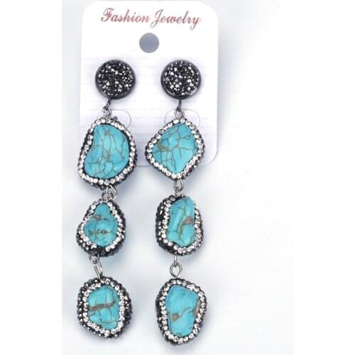 Blue Irregular Semi Precious Stone Turquoises Pendant Pave Rhinestone Beads Layered Layer Women Charms Dangle Earring For Gift