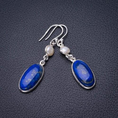 StarGems Natural Lapis Lazuli And River Pearl Handmade 925 Sterling Silver Earrings 1.75" D7804