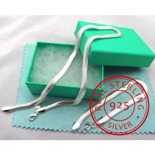 Wholesale Free Shipping 925 Sterling Silver jewelry set 6MM Flat Soft Snake Bone Chain Necklace Bracelet Jewelry Set Bijoux