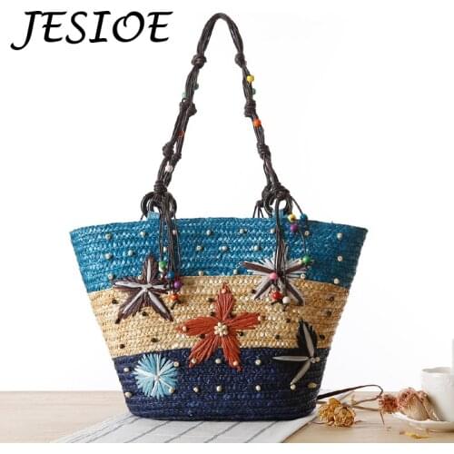 Women Straw Beach Bag Summer Vintage Handmade Beaded Woven Shoulder Bag Bohemian Embroidery Vacation Casual Starfish Tote Bags