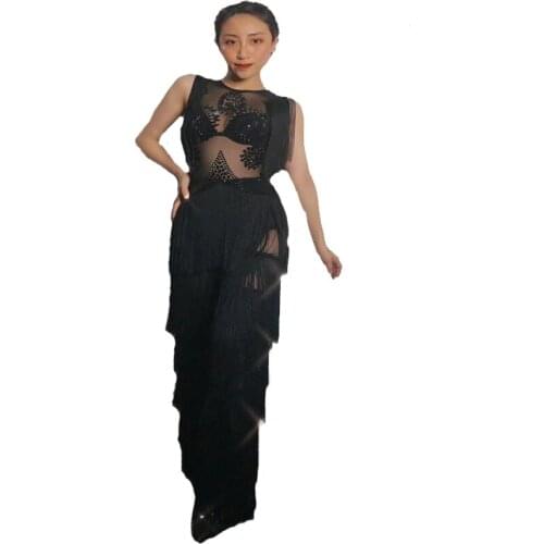 Female Song Host Shiny Rhinestones Black Sexy Sleeveless Mesh Elastic Thin Package Hips Connected Body Tassel Stage Costumes