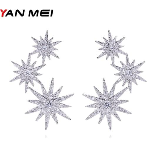 YANMEI Full Rhinestone Stud Earrings For Women Big 3 Piece Luxury Stars AAA Cubic Zirconia Pendientes Mujer Jewelry YME6074Y