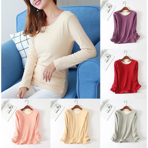 1PC Womens Thermal Underwear New Velvet Long Sleeve Shirt Solid Plush O Neck Elastic Tops Female Slim Thermal Blouse Winter