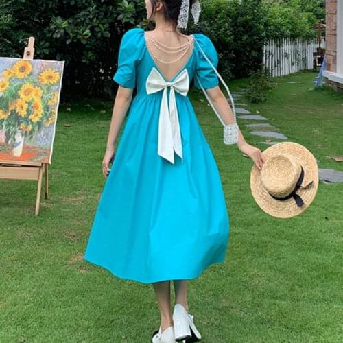 Backless Short Sleeve Elegant Vintage Dresses for Women French Bow Design Casual Midi Dress Females Beach One Piece Dress Korean