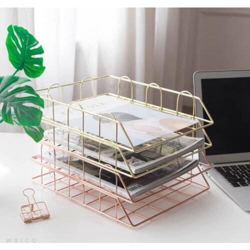 Gold Metal File Tray Desk Accessorie Magazine Holder Handmade Overlayabl File Office Organizer Layering Paper Storage Paper Tray