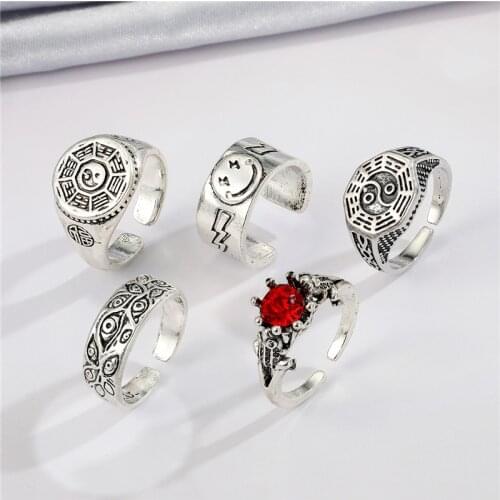 1PC Vintage Gothic Evil Eye Smile Face Ring For Men Women Punk Lightning Yin Yang Bagua Red Zircon Open Finger Ring Jewelry R298