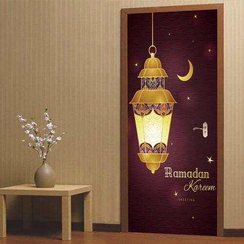 2pcs/set 3D Muslim Style DIY Door Art Mural Stickers Ramadan Blessings Lantern PVC Wall Decals Home Decor Moon Wallpaper Poster