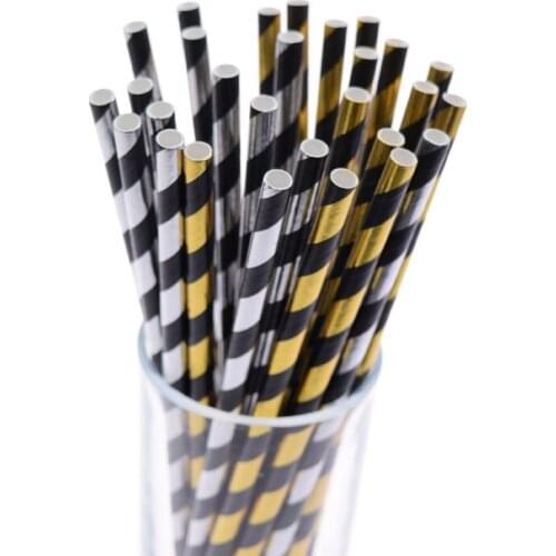 25PCS Metallic Gold And Black Paper Straw Striped Paper Straws Silver Birthday Wedding Decorative Party Event Drinking Straws