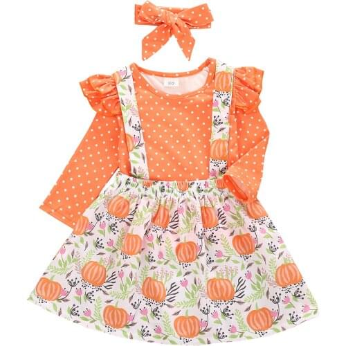 Infant Kids Girl Pumpkin Print Halloween Clothing Romper Suspender Skirt Suit Polka Dot Long Ruffle Sleeve Headband 3Pcs 1-5T
