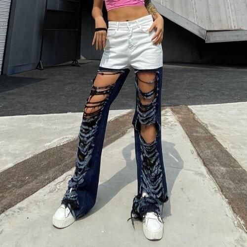 Free Shipping 2021 Newest Jeans Ripped Women High Waist Stretch Straight Denim Pants European Style Color Matching Trousers