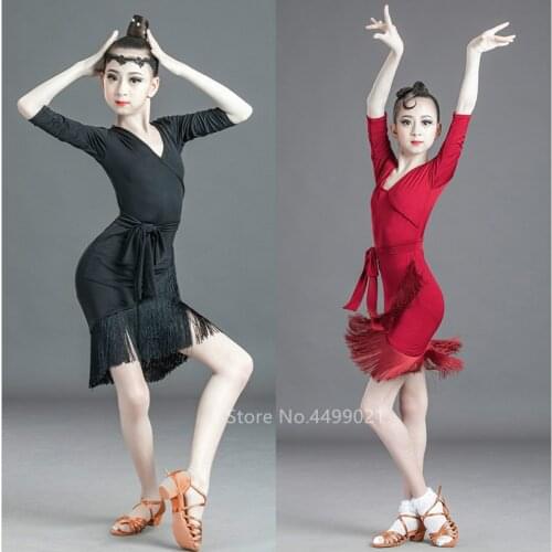2020 Kids Baby Girls Latin Dance Dress Ballroom Dance Competition Dresses Bandage Tassel Sleeveless V-neck Fancy Salsa Costume