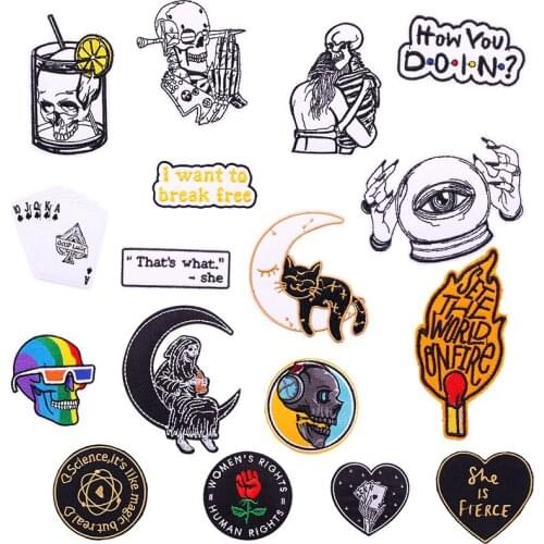 DIY Punk Rock Cloth Sticker Embroidered Patch Flowers Patches For Clothes Skull Stripes Badge Iron Clothes Patch Hippie Sticker