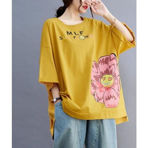 NYFS Women Neck Short Sleeve Tee T-Shirts Flowers print Cotton Tops Korean Loose Blusas Camisa Mujer
