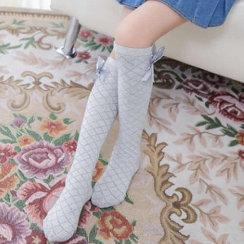 Bow cotton silk stockings diamond lattice mesh breath girls leg warmers straight kids cotton knee high girl fashion leg warmers