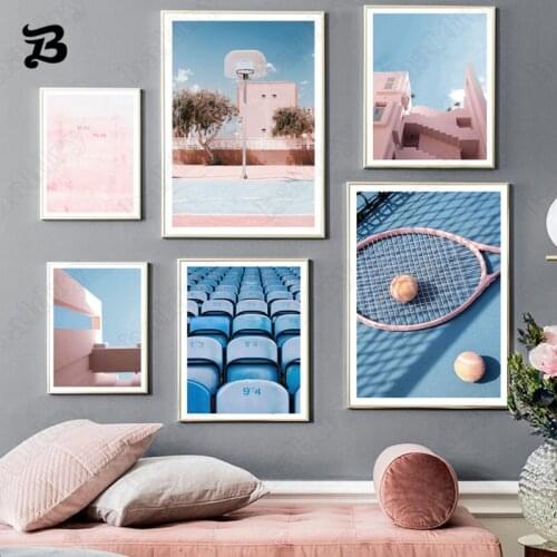 Campus Style Canvas Painting Modern Pink Tennis Basketball Blue Seats Nordic Modern Poster Print Wall Pictures for Living Room
