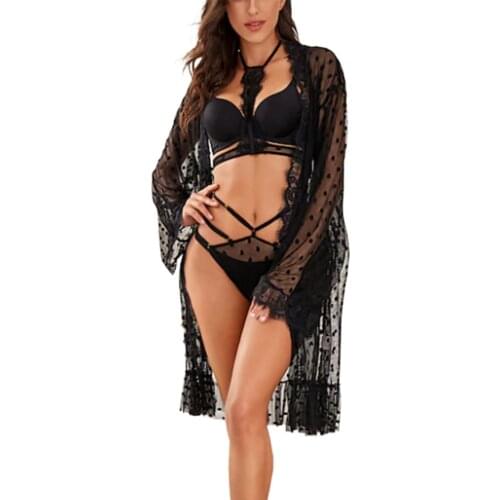 Women See Through Lingerie Set, Lace Long Sleeve Smock Chest Halter Strap Connected Thongs