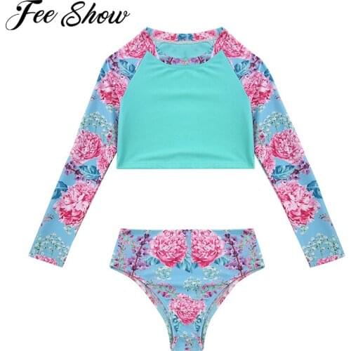 2Pcs Kids Girls Floral Print Swimming Suit Swimsuits Round Neck Long Sleeves Cropped Top and Briefs Beach Swimwear Bathing Suits