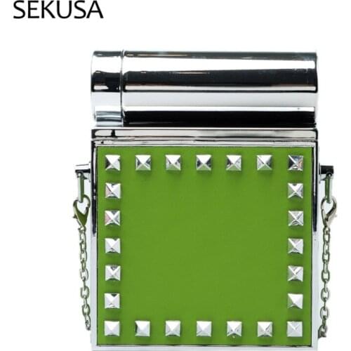 Fashion Rivet PU Women Day Clutch Lip Stick Pocket Bags With Chain Shoulder Leather Silver Evening Bags Holder