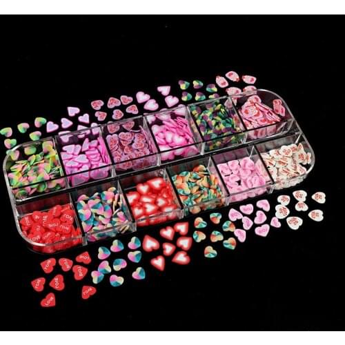 12 Grids/Set Mixed Soft Ceramic Nail Art with Love Hearts Valentines Day Design Nail Art Sticky Polymer Decorative Accessories