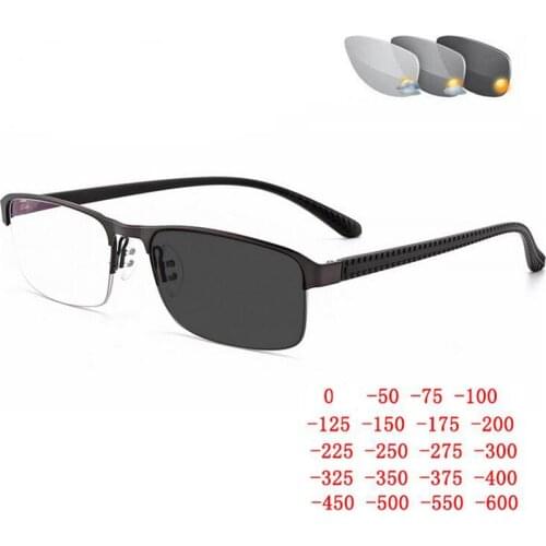 Photochromism Square Nearsighted Glasses Finished Half Frame Resin Lens Prescription Eyeglasses Diopter 0 -0.5 -0.75 To -6.0