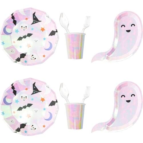 Halloween Ghost Shape Disposable Tableware Paper Plate Cup Halloween Happy Birthday Party Decoration For Kids Fw46