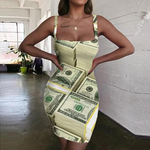 KYKU Money Dresses Women Dollar Halter Sleeveless Harajuku Bodycon Dress Novel Ladies Dresses Womens Clothing Club New Beach