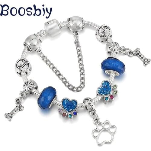 Silver Plated European Style Blue Dog Paw Beads Charm Bracelet With Dog Bones Pendants For Women DIY Fashion Jewelry Pulseras