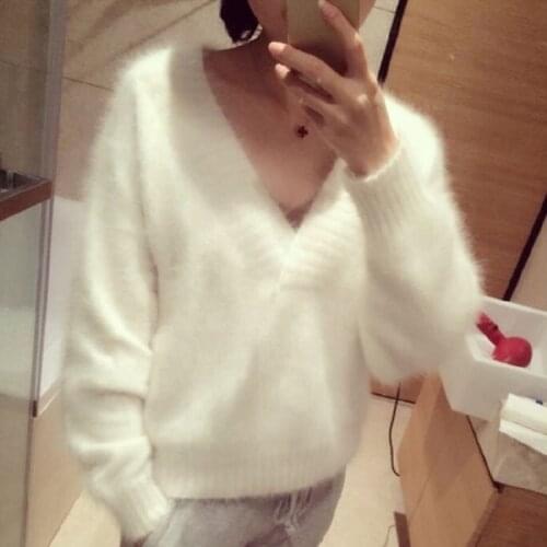 New Fashion Women Fluffy Mink Cashmere Sweater V neck Female Mink Cashmere Sweater Kintted Pullovers Free Shipping S1996