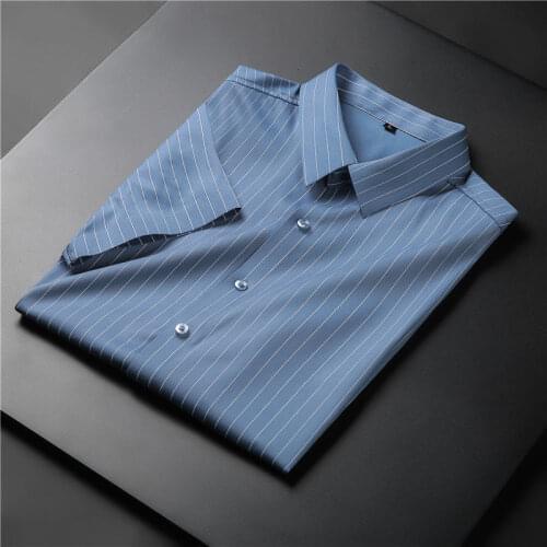Shirt Mens Short Sleeves Striped Ice Silk Non Trace Rubber High Grade Sense Business Camisas Leisure Tidal Current Hot Sale