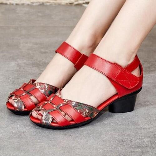 Women Sandals Genuine Leather Ladies Sandals Hook Loop Floral Shoes 2021 New Summer Retro Print Casual Handmade Platform Sandals