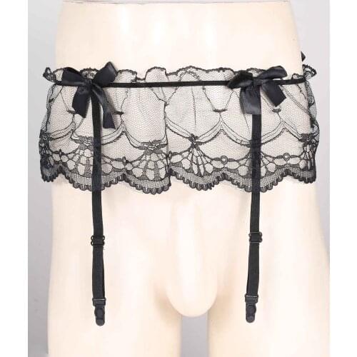 Sexy Men Bowknot Sheer Lace Garters Belt See-Through Suspenders Underwear Sissy Nightwear Role Play Costume Exotic Accessories