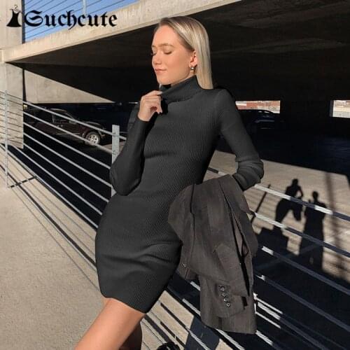 SUCHCUTE Knitting Dress Women Long Sleeve Skinny Bodycon Party Clubwear Turtleneck Slim Lady Streetwear Mini Dresses Autumn 2021