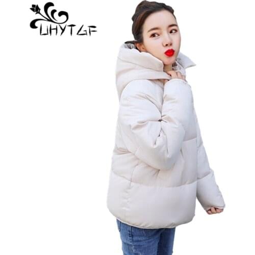 UHYTGF Down Jacket Women Parkas Short Outerwear Plus size Hooded Coat Winter Clothes Cotton Padded Woman Jacket Warm Tops 913